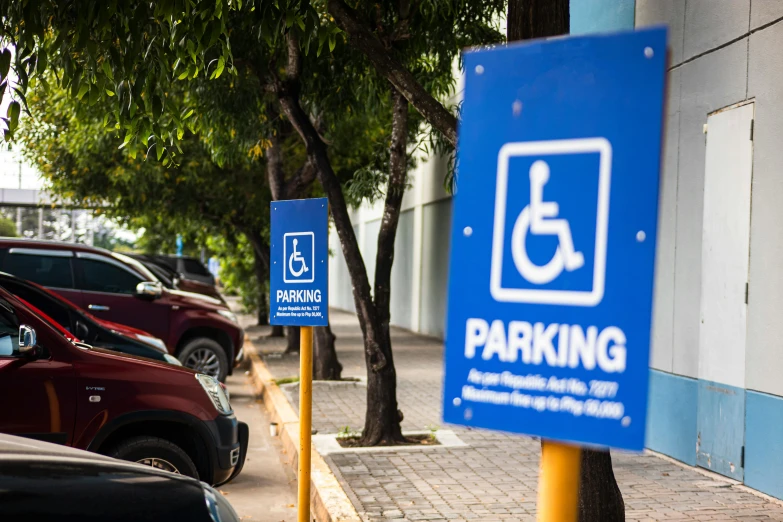 a blue parking sign sitting on the side of a road, trending on unsplash, square, wheelchair, cars parked underneath, avatar image