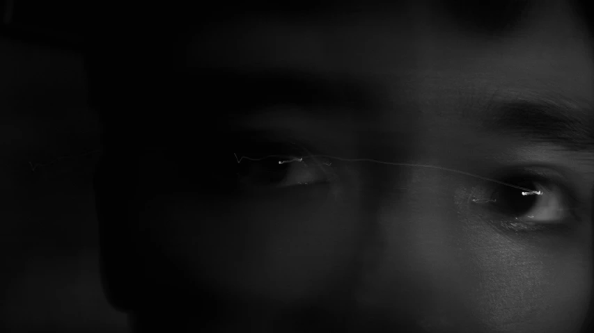 a black and white photo of a person's eyes, a black and white photo, by Emma Andijewska, conceptual art, small streaks of light through, submarine camera imagery, dark landscape, thin wires