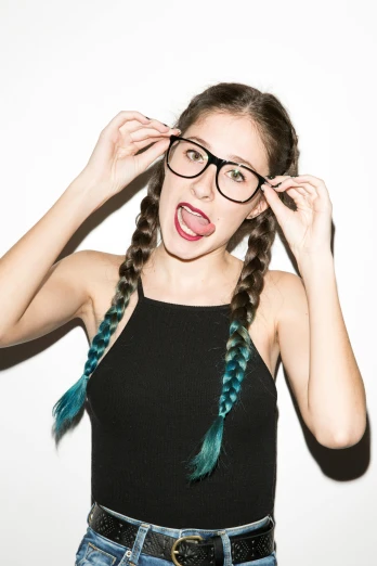 a woman with a pair of glasses on her head, by John Luke, trending on pexels, pop art, hair blue two long braids, terry richardson, excited, braided brown hair