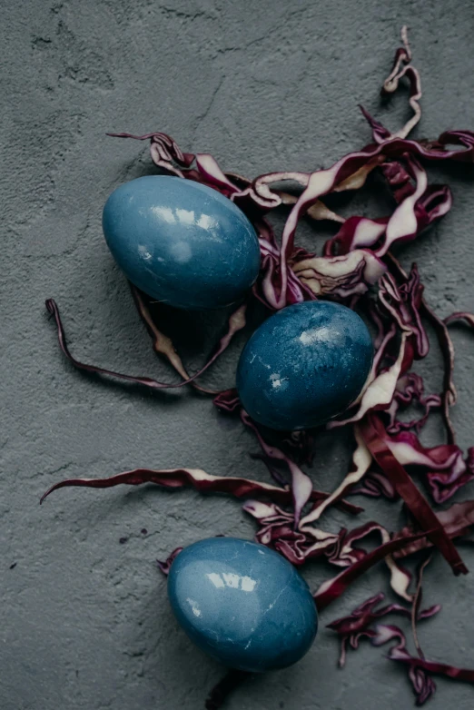 a bunch of blue eggs sitting on top of a table, a still life, by Jan Tengnagel, unsplash contest winner, renaissance, grey vegetables, passion fruits, dried petals, dark. no text