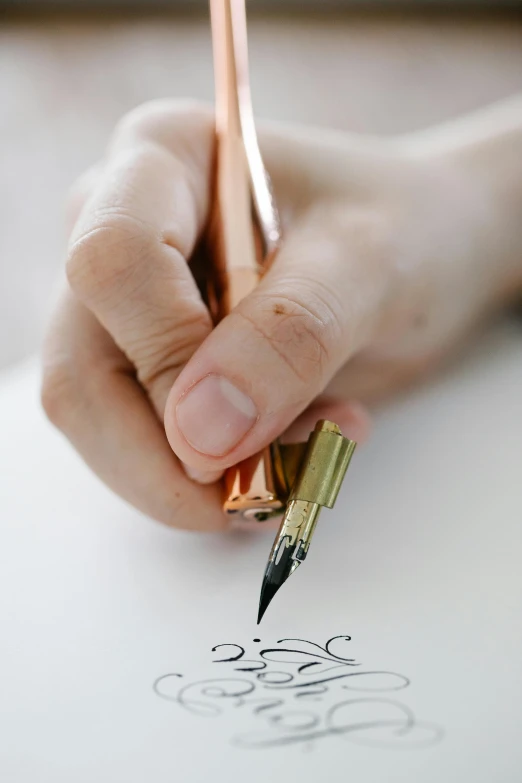 a person writing on a piece of paper with a pen, ornate and elegant, professional product photography, holding an epée, style lettering