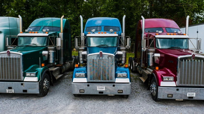 a row of semi trucks parked next to each other, a portrait, unsplash, avatar image, redneck, polychromatic, full body close-up shot
