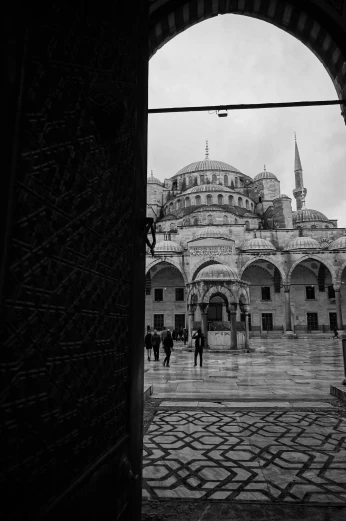 a black and white photo of the blue mosque, a black and white photo, by Niyazi Selimoglu, black & white photo, shot on hasselblad, tourist photo, cathedrals