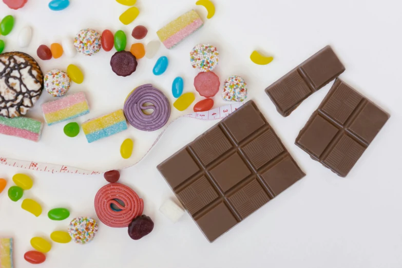 a table topped with lots of different types of candy, a still life, inspired by Wayne Thiebaud, trending on pexels, fuji choco, product view, on a pale background, rectangular