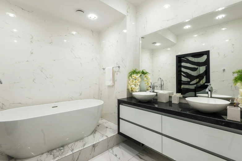 a bath room with a tub a sink and a mirror, pexels contest winner, ivory and black marble, inside a modern apartment, black and white scheme, thumbnail