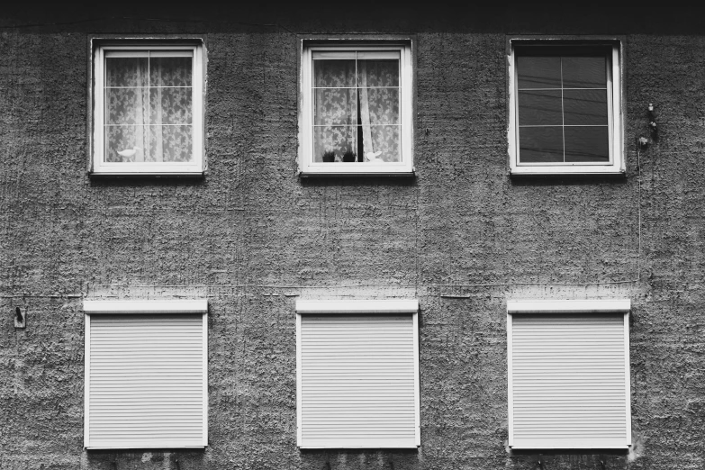 a black and white photo of a fire hydrant in front of a building, by Kristian Zahrtmann, unsplash, postminimalism, house windows, three views, a ghetto in germany, wrinkles