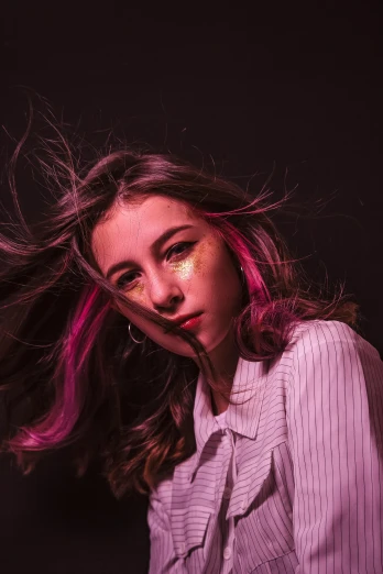 a woman with her hair blowing in the wind, an album cover, inspired by Elsa Bleda, trending on pexels, aestheticism, glowing magenta face, casual pose, prismatic highlights, portrait of a young teenage girl