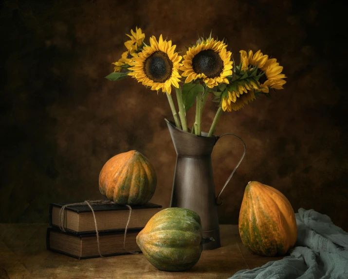 a vase filled with sunflowers sitting on top of a table, a still life, by Eglon van der Neer, shutterstock contest winner, pumpkins, album photo, brown, shot with premium dslr camera