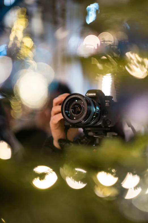 a person taking a picture of a christmas tree, pexels contest winner, happening, hasselblad film bokeh, pov camera looking into the maw, shot on anamorphic lenses, overexposed flash