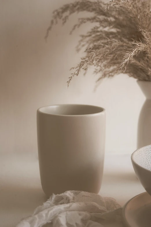 a white cup sitting on top of a table next to a plate, muted tonal colors, vase, detailed product image, tall