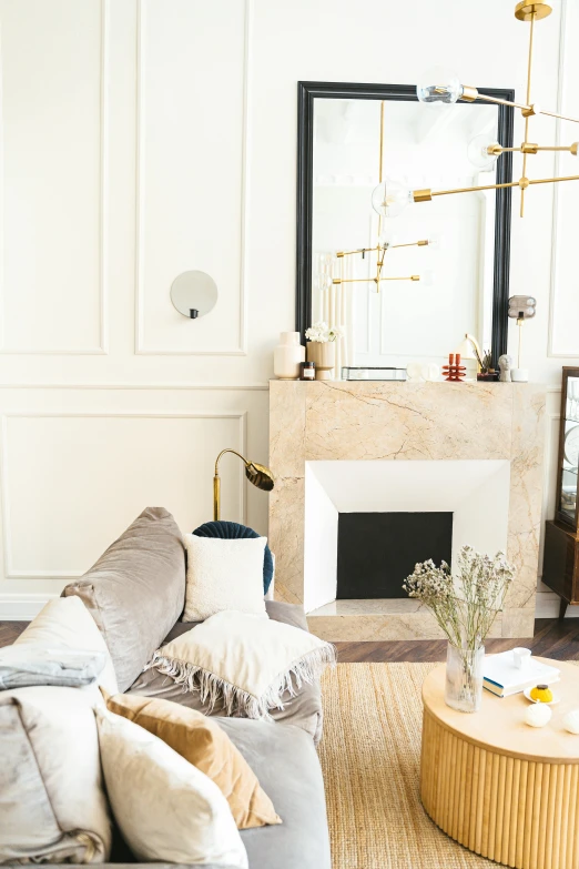 a living room filled with furniture and a fire place, by William Home Lizars, featured on pinterest, minimalism, gold decorations, studio photo, background image, full sun