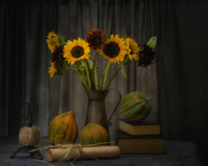 a vase filled with sunflowers sitting on top of a table, a still life, inspired by Balthasar van der Ast, shutterstock contest winner, pumpkins, studious chiaroscuro, studio medium format photograph, draped with water and spines