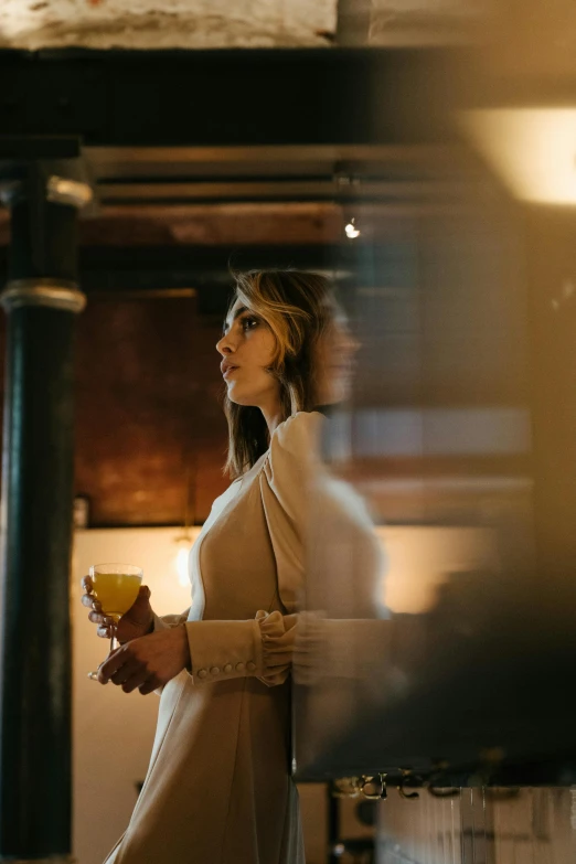 a woman standing in a room holding a drink, by Adam Marczyński, trending on unsplash, renaissance, in the pub, soft light from the side, voluminous sleeves, thoughtful