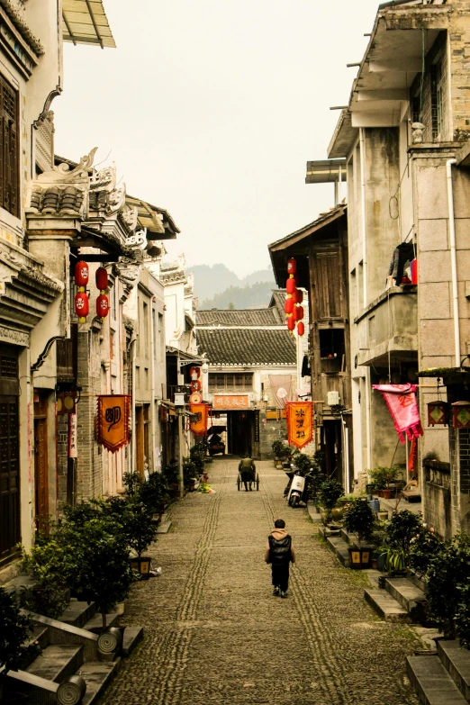 a person is walking down a cobblestone street, inspired by Cui Bai, mountains and a huge old city, sha xi, buildings, u