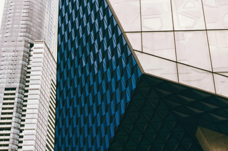 a couple of buildings that are next to each other, pexels contest winner, hypermodernism, blue metal, moma, faceted, photorealist