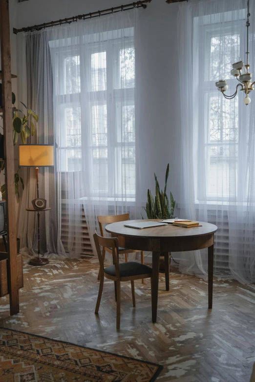 a living room filled with furniture and a table, inspired by Constantin Hansen, unsplash contest winner, light and space, andrei tarkovsky scene, library in the style of baroque, soft diffuse lighting, tiles curtains