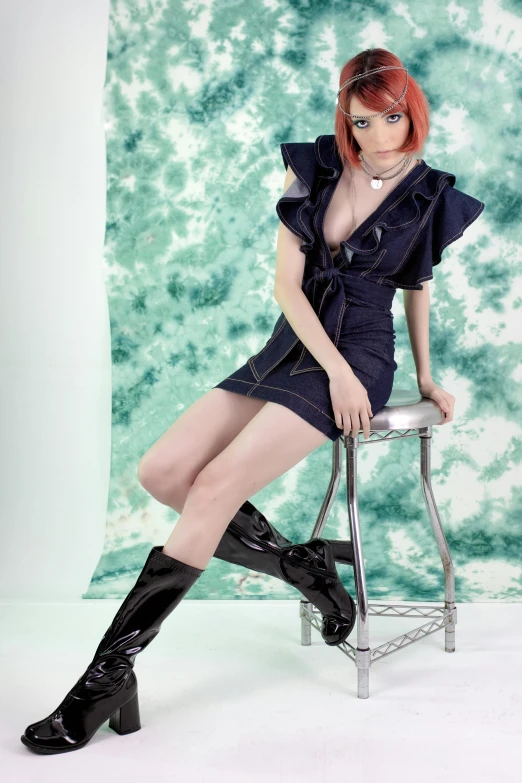 a woman with red hair sitting on a chair, trending on deviantart, wearing boots, high res photograph, y 2 k style, e-girl