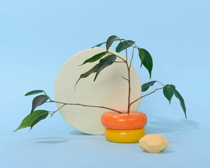 a white plate sitting on top of a table next to a plant, a still life, inspired by Isamu Noguchi, new sculpture, chartreuse and orange and cyan, flat colour-block style, butter sculpture, floating crown