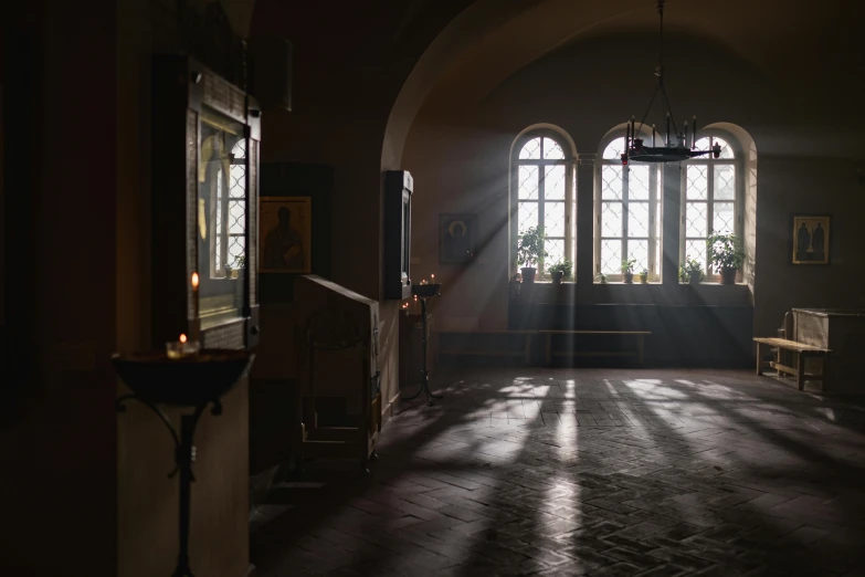 the sun shines through the windows of a church, a picture, unsplash contest winner, light and space, orthodox, lpoty, dark hazy room, rendered in unreal engine 5