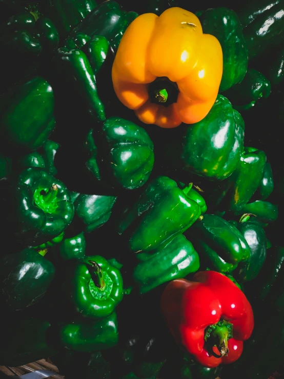 a basket filled with lots of green and red peppers, by Joseph Severn, unsplash, 🍸🍋, multiple stories, yellow and green, dynamic closeup composition