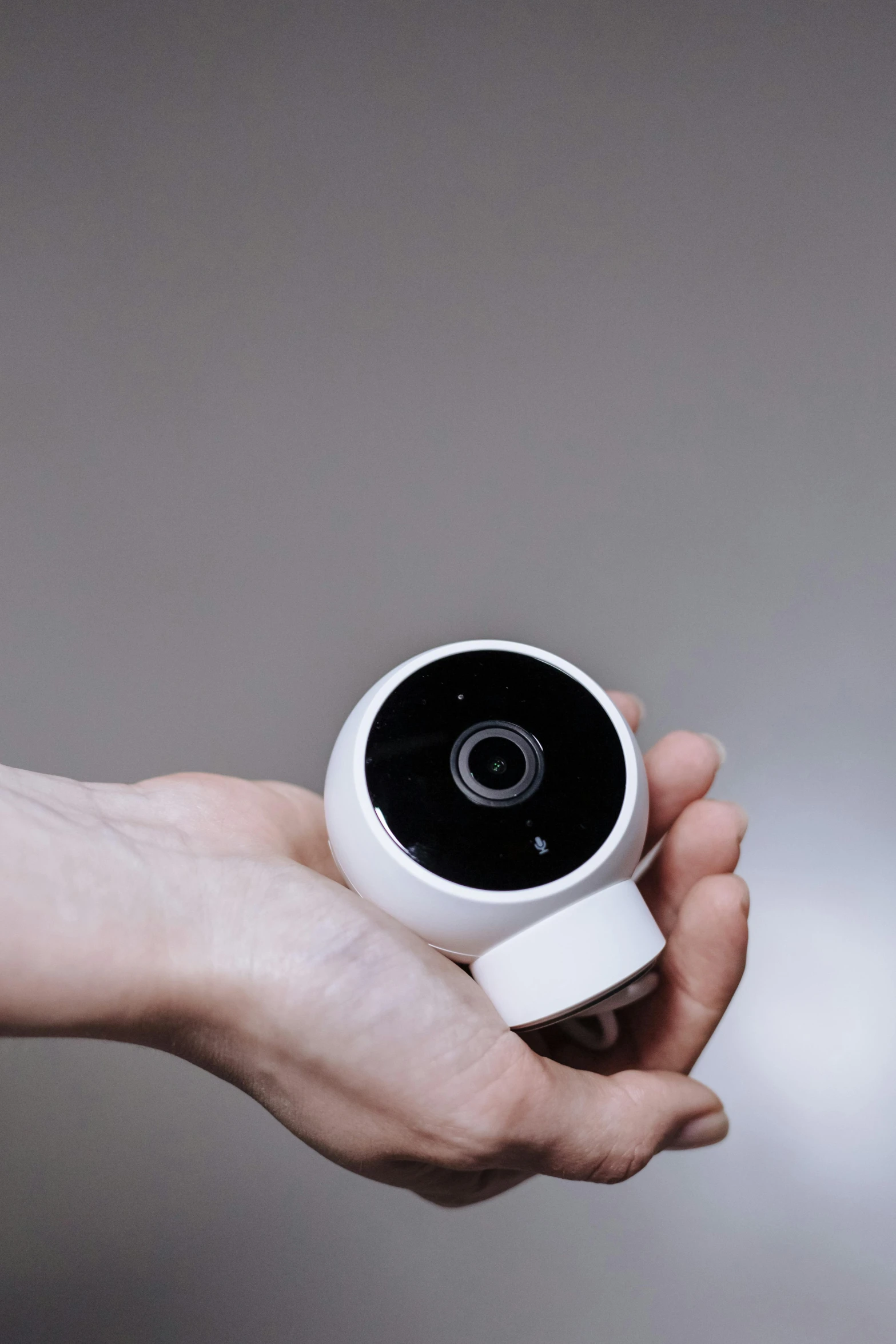 a person holding a camera in their hand, round robot, detailed product image, 3/4 view, security camera