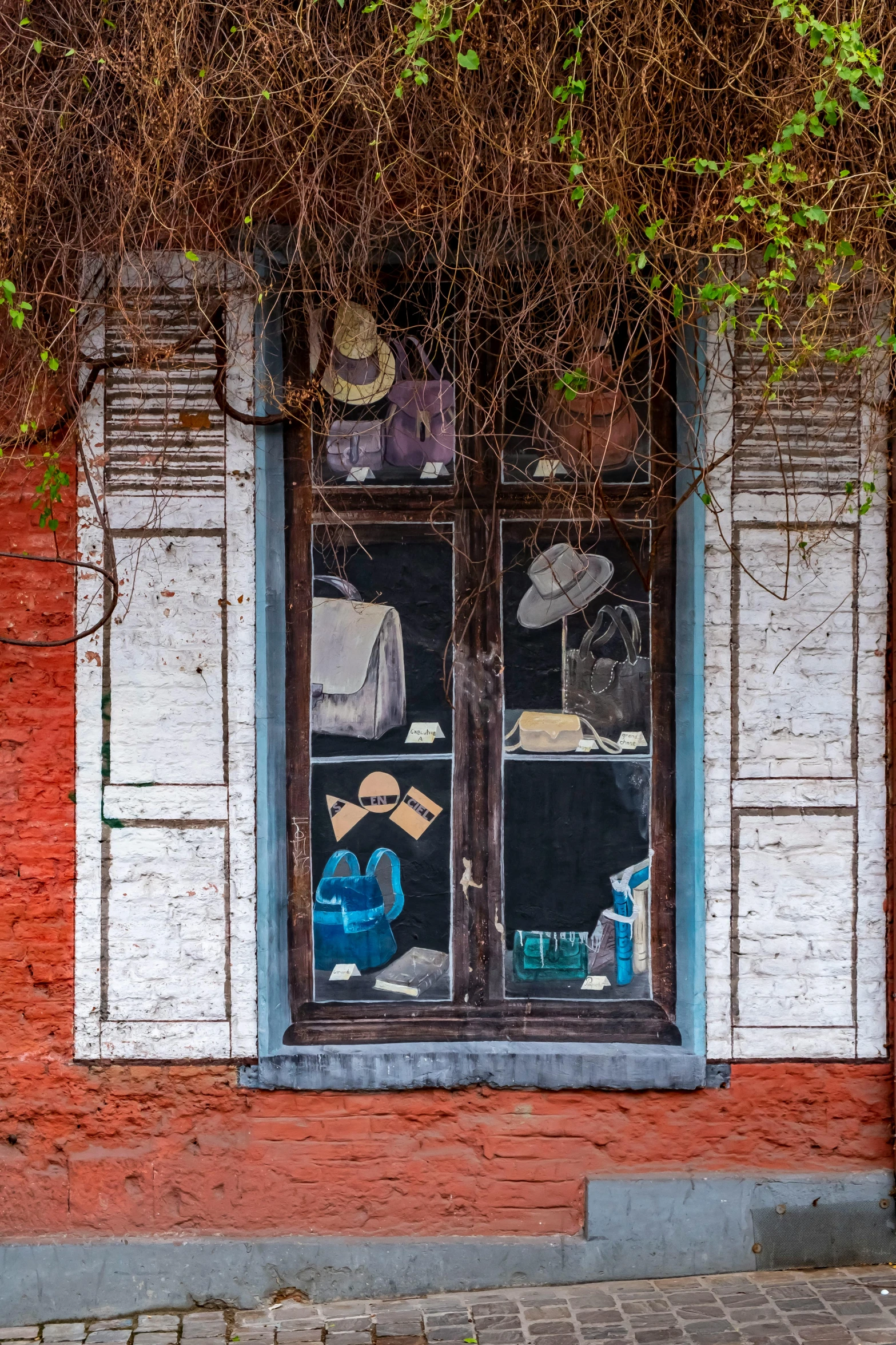 a fire hydrant sitting in front of a brick building, a silk screen, inspired by Pieter de Hooch, pexels contest winner, street art, bay window, tattered clothes, hanging vines, 4k photograph of painting