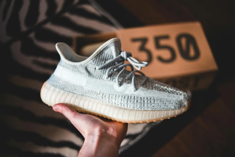 a person holding a pair of adidas sneakers, unsplash contest winner, yeezus, with a whitish, on a wooden table, gradient brown to silver