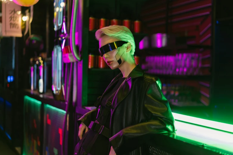 a woman standing in front of a bar with neon lights, cyberpunk art, trending on pexels, digital sunglasses, photograph of a techwear woman, scifi accessories, an epic non - binary model