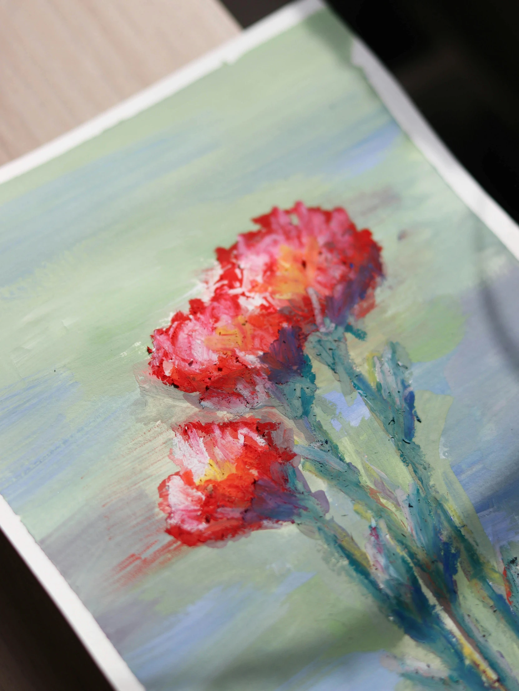 a close up of a painting of flowers on a table, fresh from the printer, red flowers, ilustration, pastel'