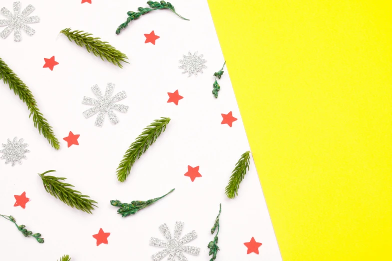 christmas decorations on a yellow and white background, by Julia Pishtar, trees and stars background, on white paper, thumbnail, background image