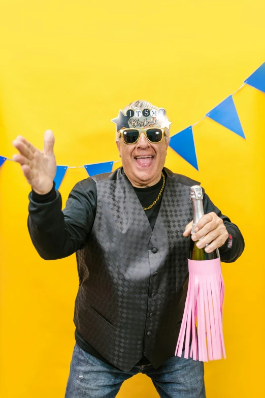 a man in a party hat holding a bottle of wine, wearing a bandana and chain, wearing gold glasses, rod rays, mr clean