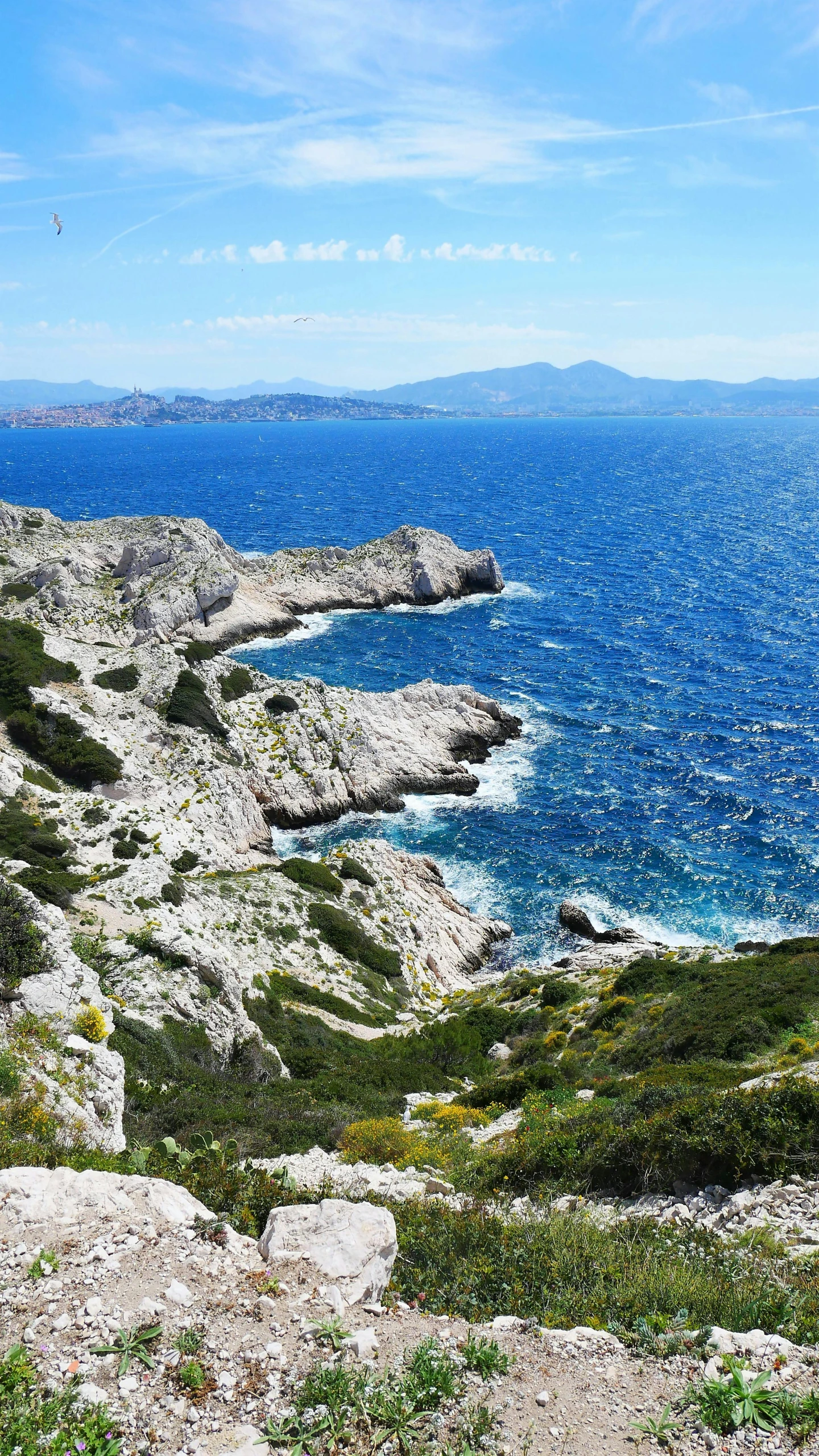 a view of the ocean from the top of a hill, by Robert Griffier, pexels, les nabis, calanque, loosely cropped, slide show, thumbnail