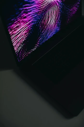 a laptop with a fingerprint on the screen, a hologram, by Carey Morris, trending on pexels, black and purple, abstract painting in black, super close up shot, panel of black