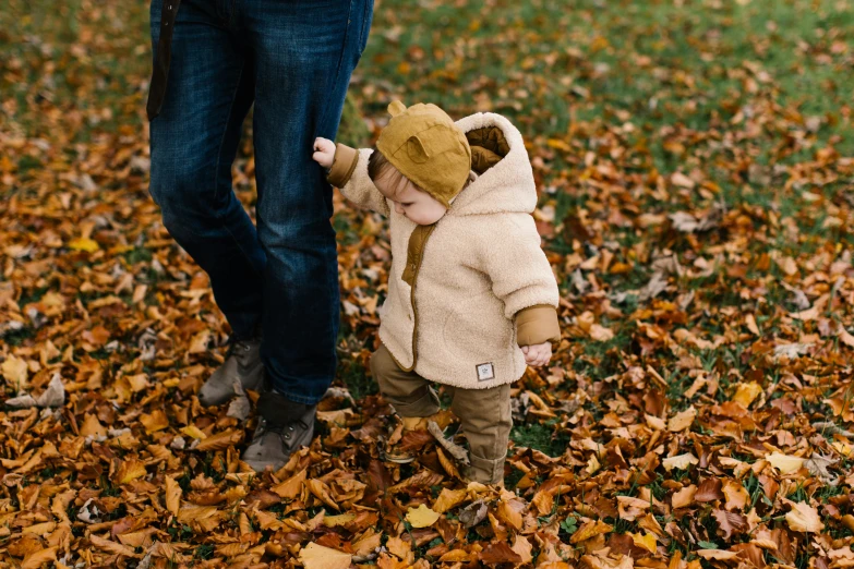 a man holding the hand of a small child, by Emma Andijewska, pexels, autumn leaves on the ground, brown tuffle coat, wearing a hoodie and sweatpants, avatar image