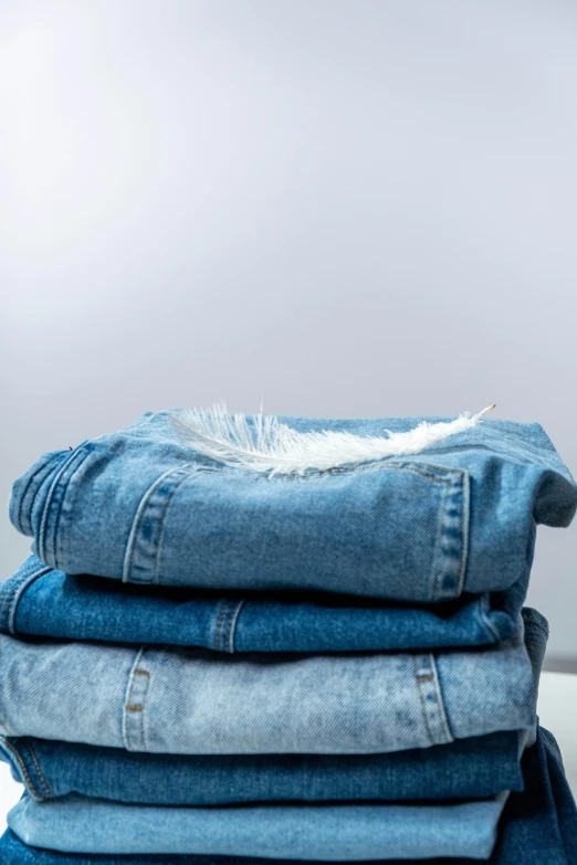 a stack of blue jeans sitting on top of each other, inspired by Jean Hey, trending on pexels, renaissance, feathers ) wet, detailed product image, medium shot portrait, clothes floating