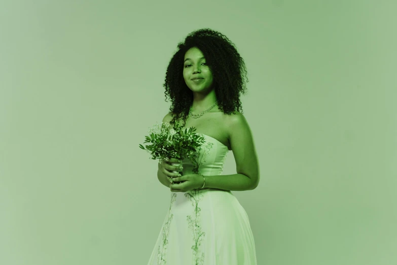 a woman in a wedding dress holding a bouquet, an album cover, inspired by Carrie Mae Weems, pexels contest winner, renaissance, green colored theme, cute young woman, high resolution image, sza