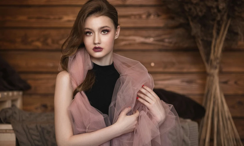 a woman in a black top and a pink tulle, a portrait, trending on pexels, romanticism, reddish - brown, olga buzova, fully covered in drapes, beautiful young korean woman