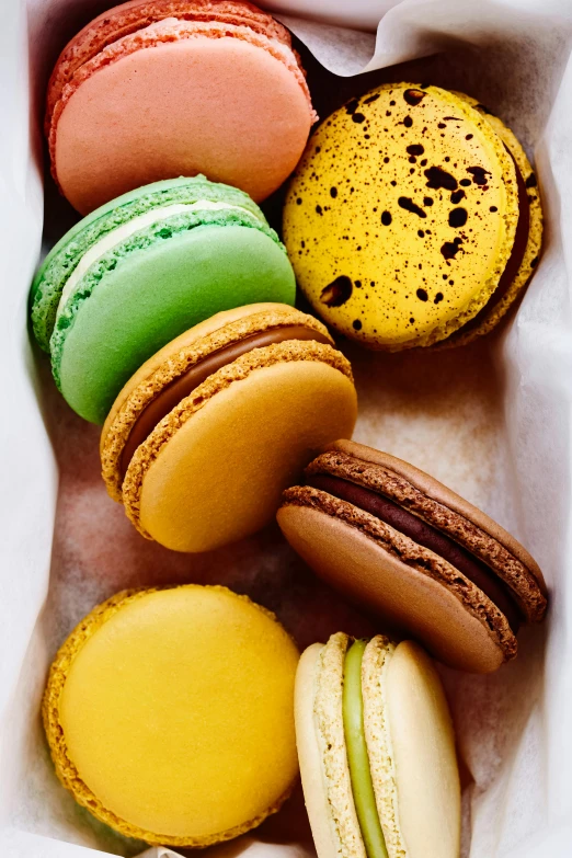 a box filled with lots of different colored macarons, wide overhead shot, 🍸🍋