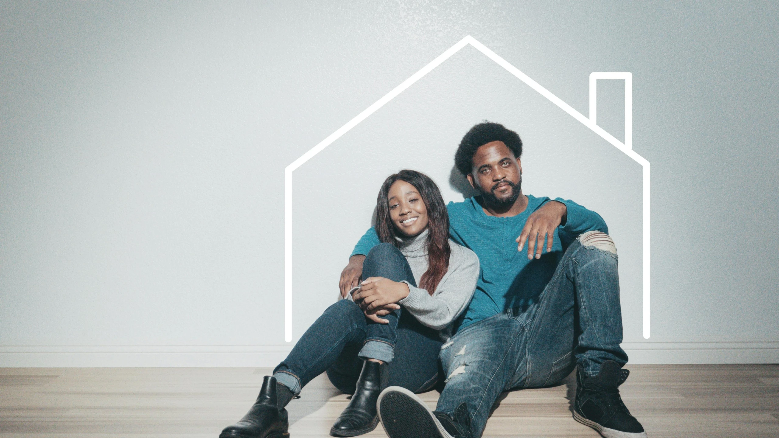 a man and woman sitting on the floor in front of a house, black people, ad image, background image, coloured