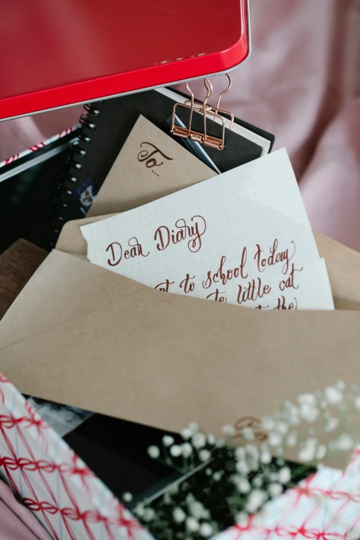 a box filled with envelopes sitting on top of a bed, by Julia Pishtar, unsplash, letterism, delicate embellishments, crimson themed, brown, high school