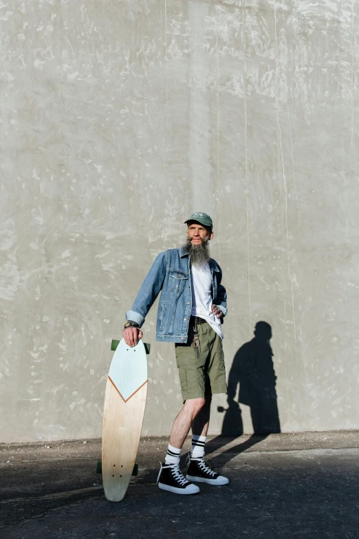 a man standing in front of a wall holding a skateboard, profile image, long beard, longque chen, warm weather