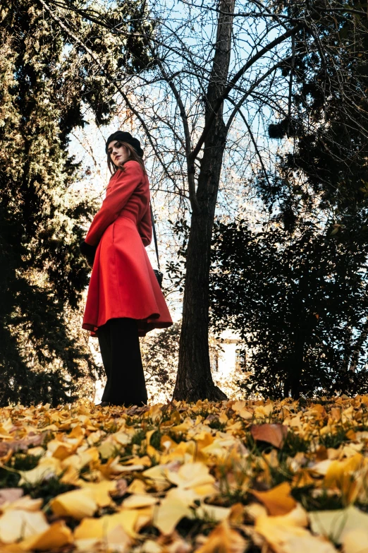 a woman in a red coat standing in a field of leaves, by Lucia Peka, pexels contest winner, full length shot, classical, next to a tree, black and orange coat