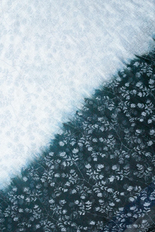 a man riding a snowboard down a snow covered slope, an album cover, inspired by Arthur Burdett Frost, trending on unsplash, baroque, fabric texture, indigo blooming flowers garden, two tone dye, close-up from above