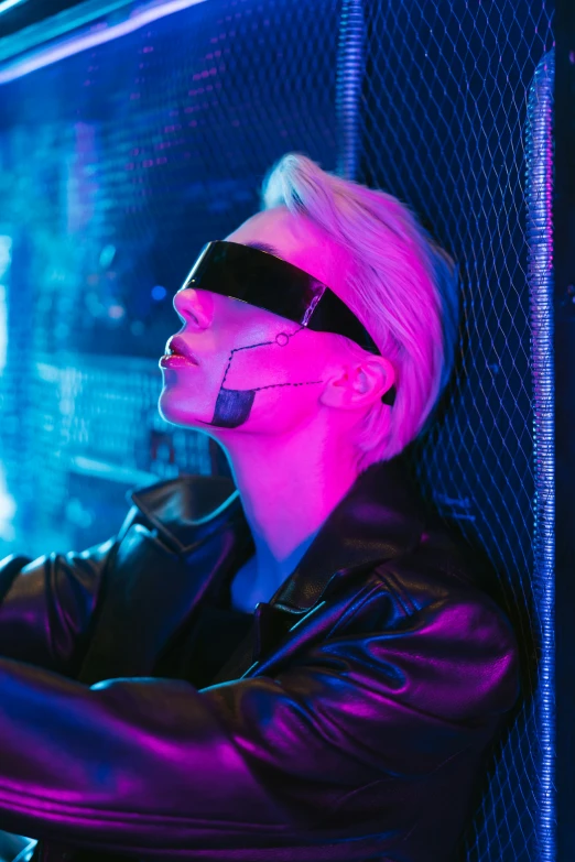 a man in a black leather jacket and sunglasses, cyberpunk art, trending on pexels, holography, johan liebert, black blindfold, neon aesthetic, an epic non - binary model