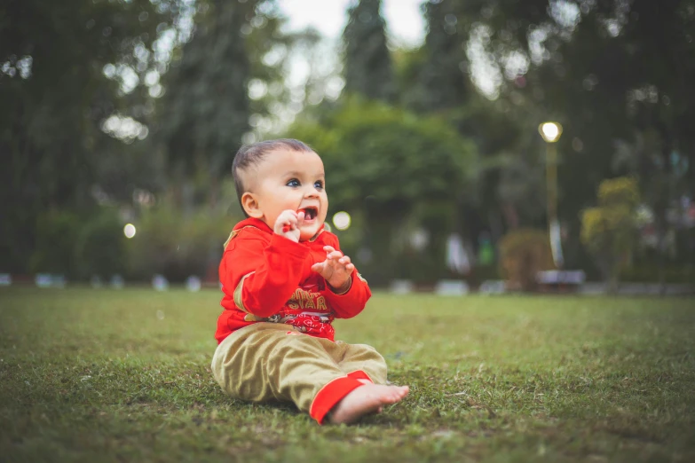 a baby sitting on top of a lush green field, pexels contest winner, red shirt brown pants, islamic, in a city park, expressive face