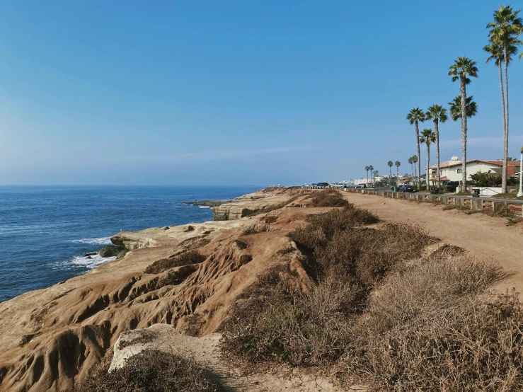 a dirt road next to the ocean with palm trees, ocean cliff view, downtown in the distance, profile image, erosion