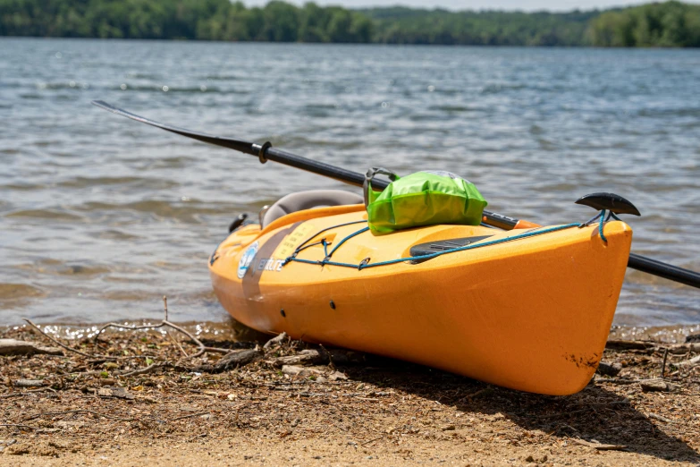 a yellow kayak sitting on the shore of a lake, slide show, fan favorite, chartreuse and orange and cyan, medium-shot