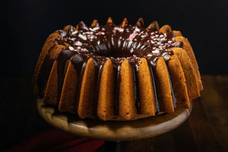 a chocolate bundt cake sitting on top of a wooden cake stand, by Liza Donnelly, shutterstock contest winner, renaissance, on a black background, crimson halo, 2 4 mm wide angle, pointè pose