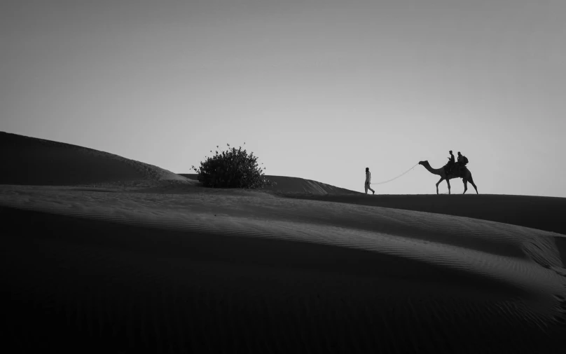 a man riding a camel across a desert, a black and white photo, unsplash contest winner, early evening, hasselblad photography, india, people walking around