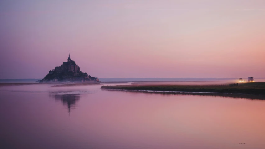 a large body of water with a castle in the background, by Pierre Mion, unsplash contest winner, romanticism, at gentle dawn pink light, hyperminimalist, outworldly colours, normandy